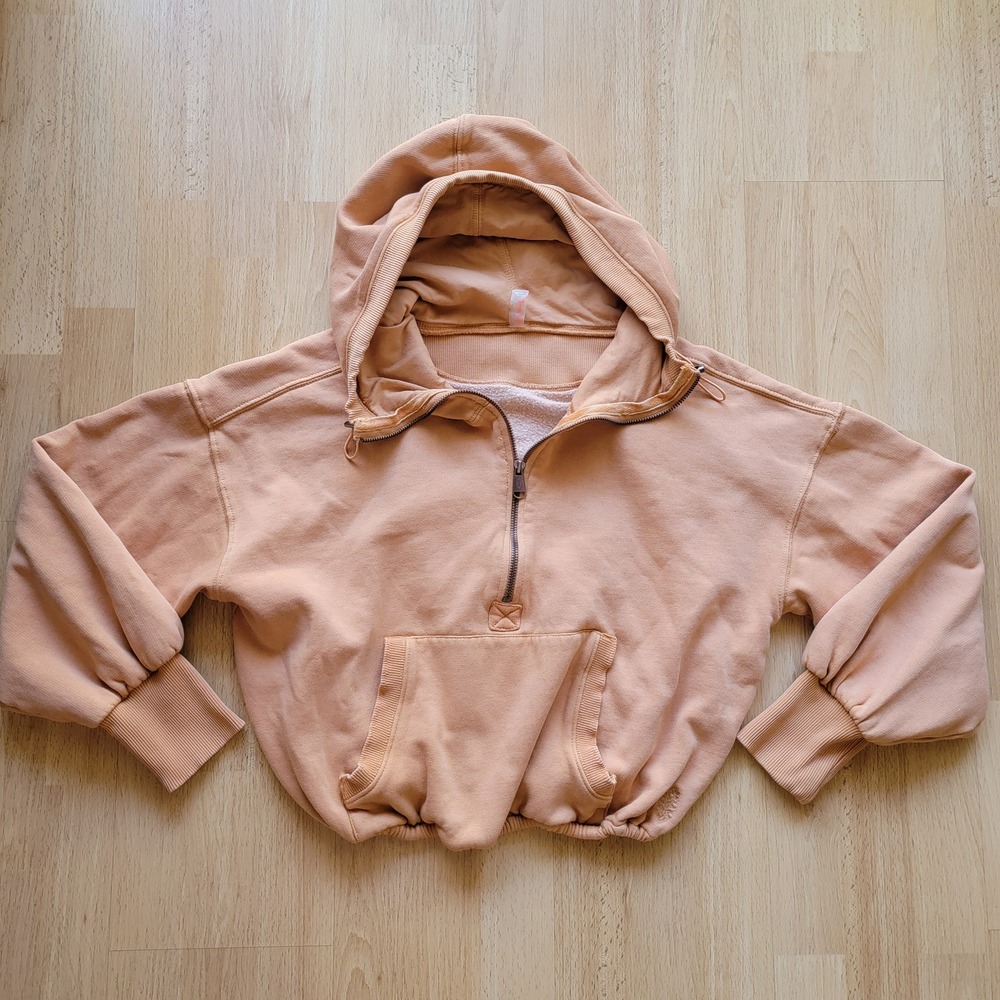 Free People FP Movement Peach Quarter Zip Cropped Hoodie Puff Sleeve XS